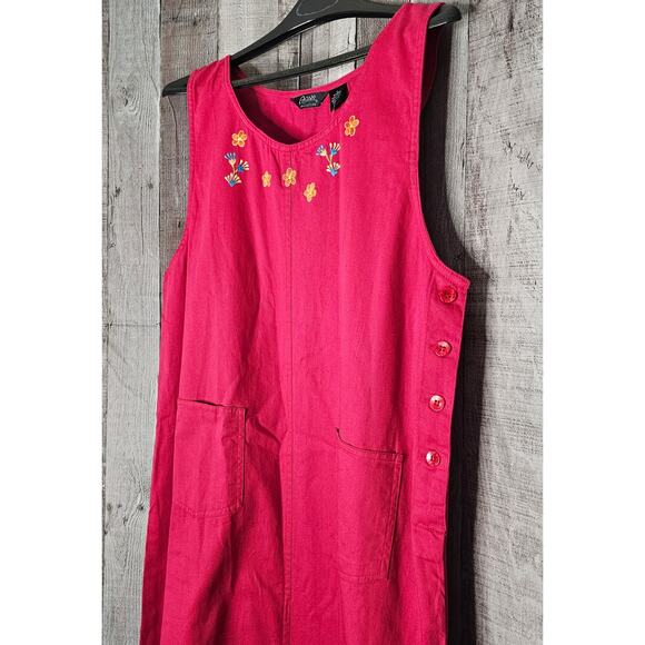 ASAPO Red Embroidered Sleeveless DRESS Floral Flowers Cotton Maxi Shift W Large - Picture 3 of 7